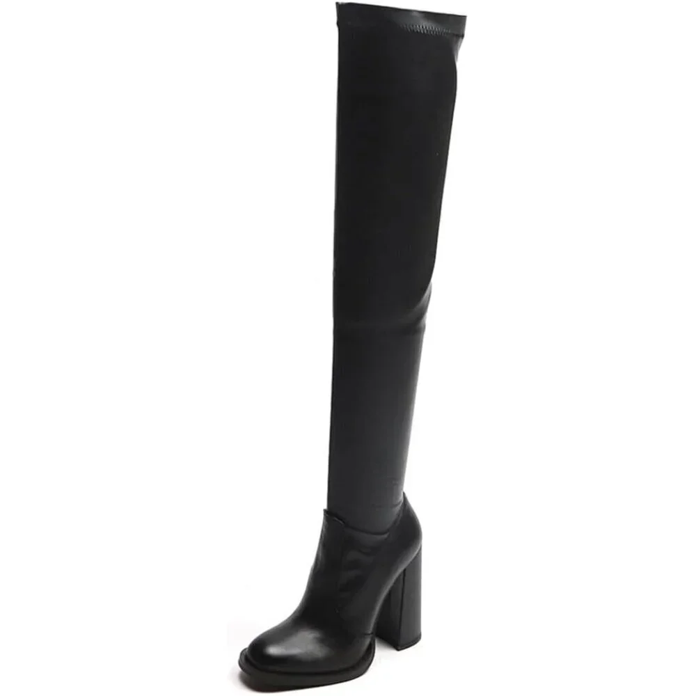 🆕Women Black Leather Over The Knee Thigh High Chunky Heel Pointed Toe Long Boot